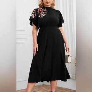 SHEIN Classic Black Bell Sleeve Midi Embroidered Dress-NWOT